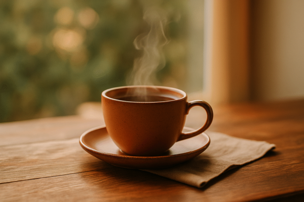 Als Symbol für den Kontakt zwischen Menschen eine dampfende Teetasse im warmen Licht