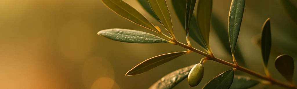 Olivenzweig im warmen Abendlicht mit weichem Bokeh, rechter Bildrand. Symbol für mein Angebot